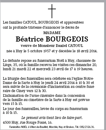 B atrice BOURGEOIS de Huy Annonce de d c s sur enmemoire.be en