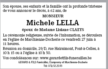 Michele LELLA de Pont Celles Annonce de d c s sur enmemoire.be