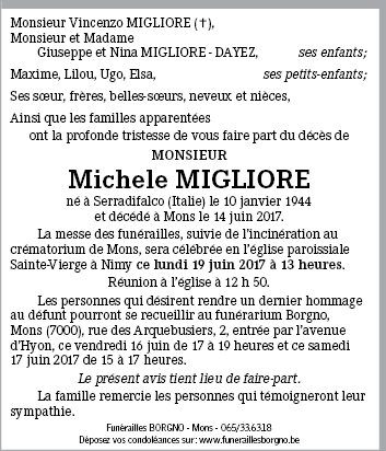 Michele MIGLIORE de Mons Annonce de d c s sur enmemoire.be en