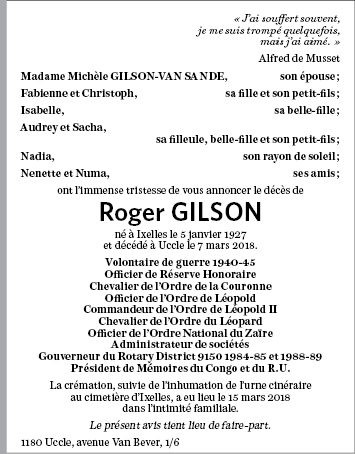 Roger GILSON de Uccle Annonce de d c s sur enmemoire.be en m moire