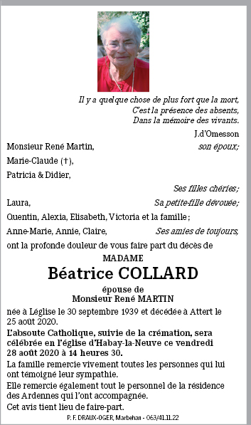 B atrice COLLARD de Attert Annonce de d c s sur enmemoire.be