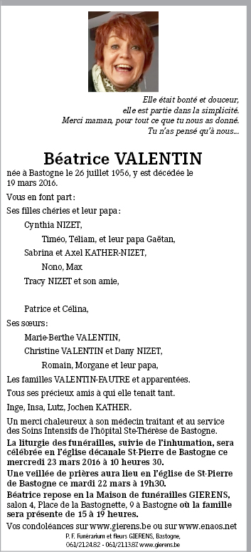 B atrice VALENTIN de Bastogne Annonce de d c s sur enmemoire.be