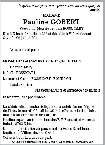 Pauline GOBERT de Villers-devant-Orval - Annonce de décès sur enmemoire ...
