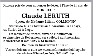 Claude LERUTH de Liège - Annonce de décès sur enmemoire.be | en mémoire