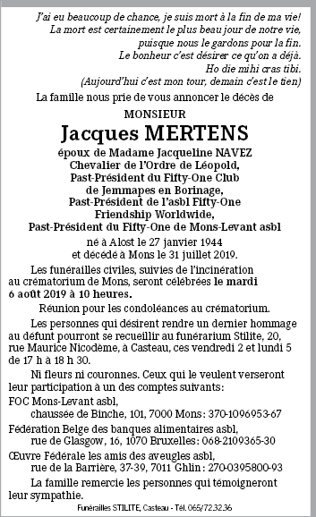 Jacques MERTENS de Mons - Annonce de décès sur enmemoire.be | en mémoire