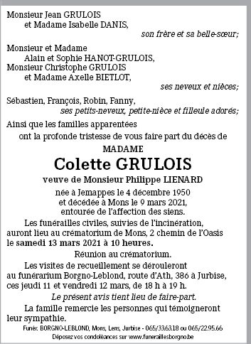 Colette GRULOIS de Mons - Annonce de décès sur enmemoire.be | en mémoire