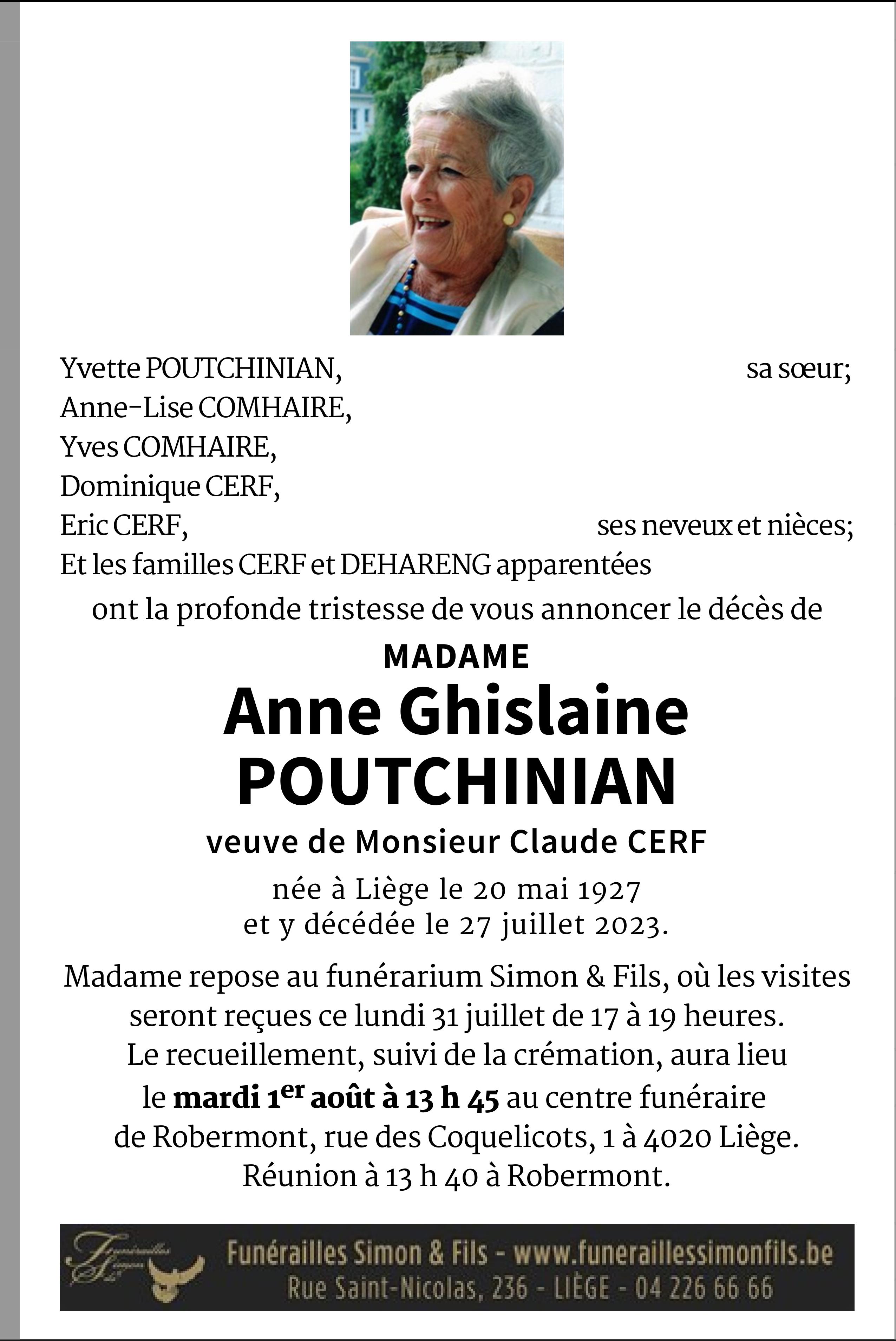 Anne Ghislaine POUTCHINIAN - CERF de Liège - Annonce de décès sur ...