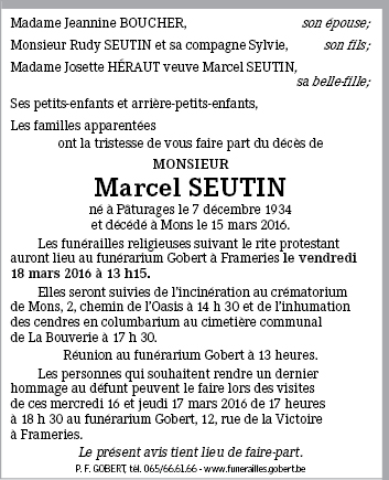Marcel SEUTIN de Mons - Annonce de décès sur enmemoire.be | en mémoire